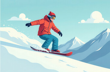 A man on a snowboard, sliding and jumping on a snow-covered mountain slope. Winter sports and recreation, vacations