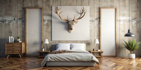 Rustic Chic Bedroom Decor with a Mounted Deer Head Above a Cozy Bed and Wooden Nightstands