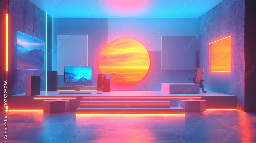 Poster 3d icon abstract digital art background featuring a glowing home office setup - artistic innovative 