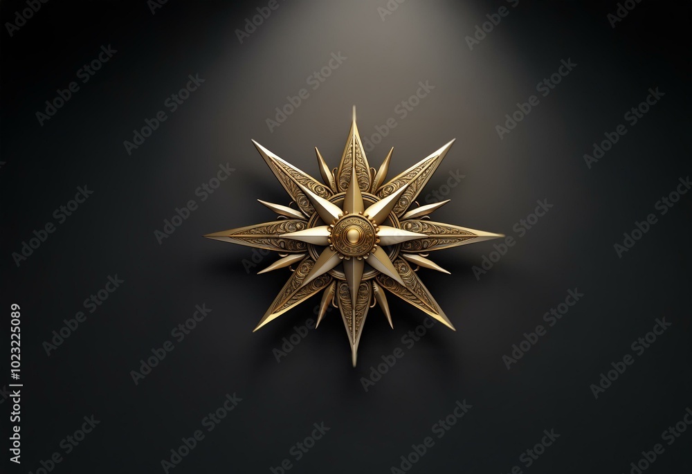 Poster a golden, ornate star with a central circle and pointed rays against a black background.