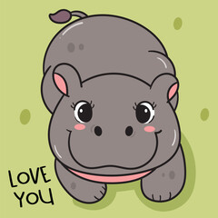 Pygmy hippo baby hippopotamus zoo cartoon with Love you text. Series kawaii animals wildlife jungle drawing.  