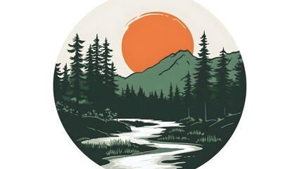Obraz premium A vector illustration of the wilderness, with trees and a river in a circular shape, featuring a sunset and green colors against a white background.