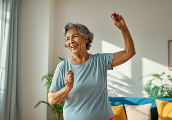 Happy senior woman is working out at home, smiling while performing exercises for active aging