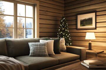 Fototapeta premium Cozy living room with a Christmas tree, warm lighting, and comfortable couch, perfect for the holiday season and winter vibes.