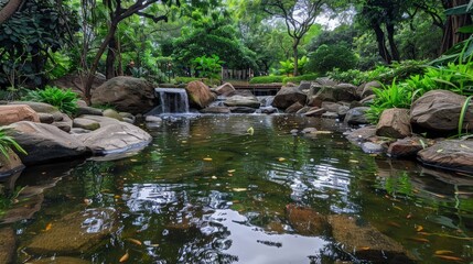 Serene Pond Surrounded by Rocks and Lush Greenery