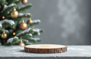 Wooden stand for Christmas product presentation with christmas tree on the background.  Realistic product podium for Christmas winter and christmas discount design, sale