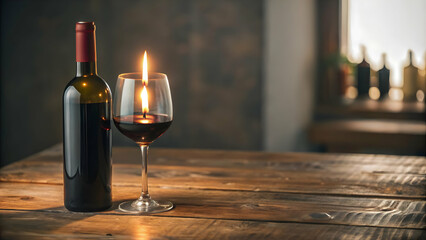 Flat Glossy Glass Table with Red Wine Bottle & Candlelight: Mood-Setting Low Angle Shot for Romantic and Elegant Wine Atmosphere - Simple Flat Vector Illustration