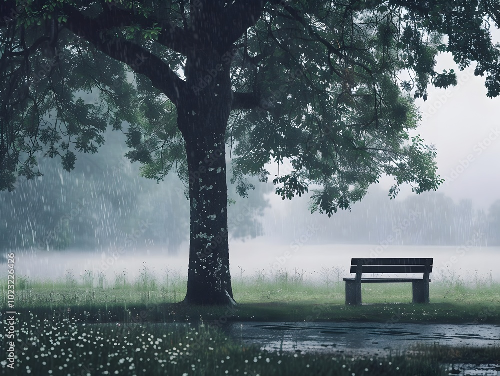 Poster rainy day solace a peaceful park bench under a sheltering tree in misty tranquility