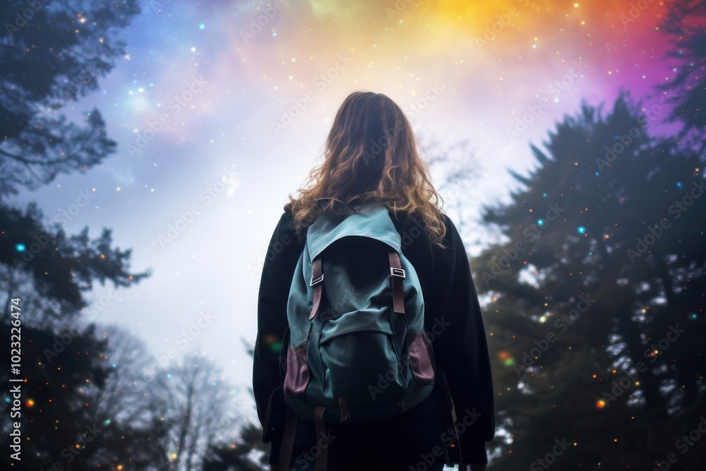 Canvas Prints A woman with a backpack looking up into the sky outdoors walking nature.