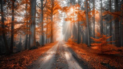 Obraz premium Sunbeams Through Autumn Forest Path