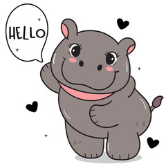 Baby Pygmy hippo hippopotamus zoo cartoon greeting. Series kawaii animals wildlife jungle drawing.