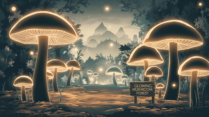 Magical glowing yellow mushrooms in a dark forest with a whimsical feel. 

