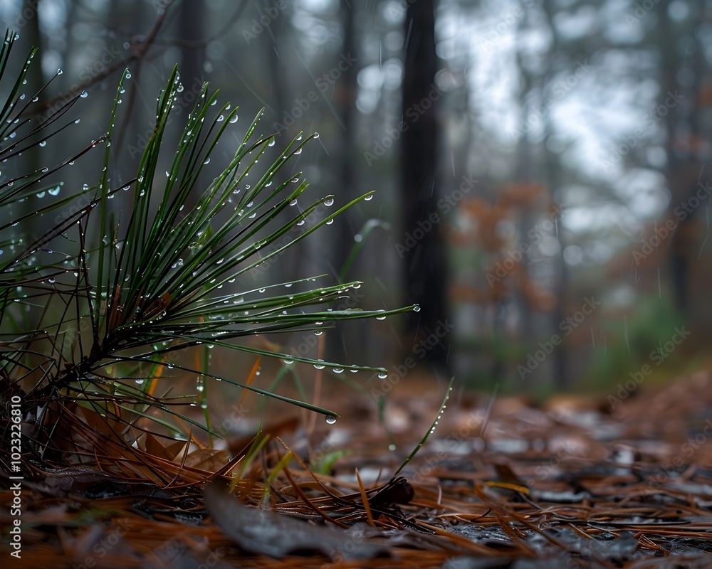 Poster a rainy pine forest scene with droplets clinging to the tips of needles and a soft layer of wet fall