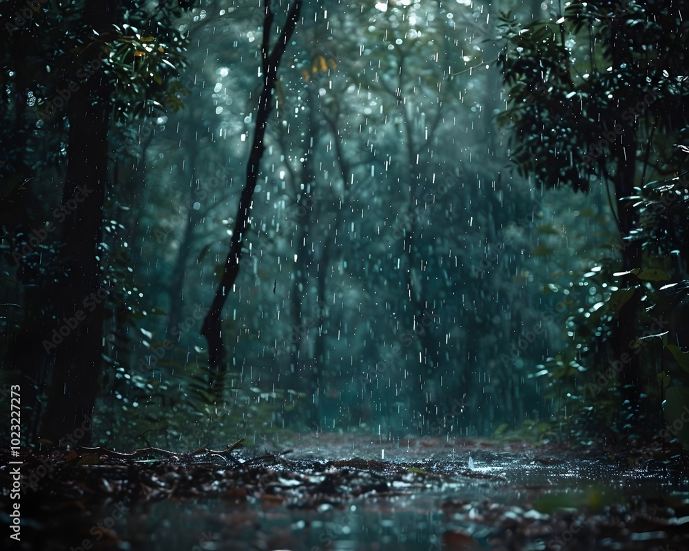 Canvas Prints Misty Rainforest Landscape with Lush Foliage and Falling Raindrops