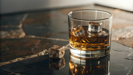 Stunning Close-Up of Flat Glossy Granite Surface with Ice Cubes and Whiskey Glass - A Luxurious Scene Capturing Sophistication and Style in Vector Illustration