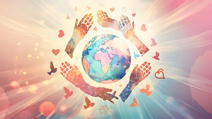 Diverse hands encircling the globe with doves and hearts. Concepts. peace, love, unity, global community, diversity, harmony, and hope.