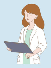 Scientific holding clipboard. Doctor holding computer tablet, digital medical document, examination notes, test results in hand.  Hand drawn flat cartoon character vector illustration.