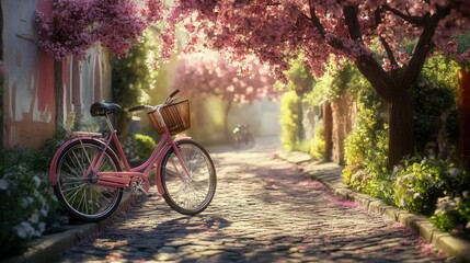 Fototapeta premium A pink bike parked next to a cobblestone path, surrounded by blooming spring flowers and soft sunlight.