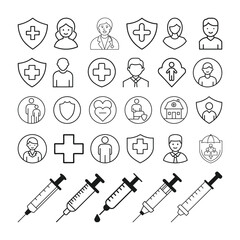 Medical icon set. Injection vectors contain doctors, medicine, hospitals, treatment, healthcare, nurses, pills, clinics, and more. Solid vector icons collection.