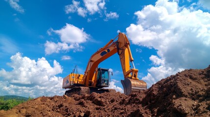A yellow excavator on a construction site moves earth under a blue sky filled with fluffy clouds.
