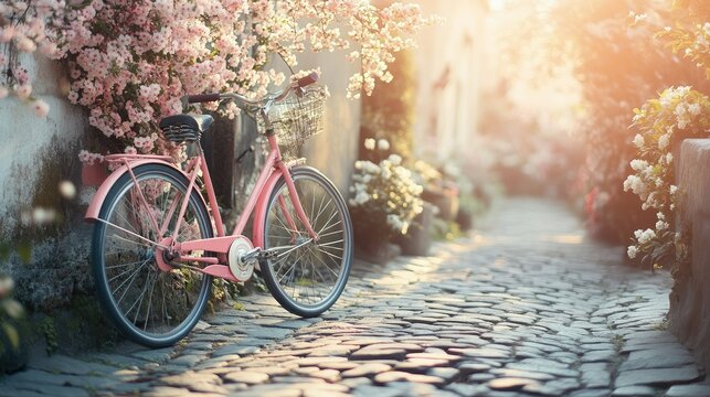 A pink bike parked next to a cobblestone path, surrounded by blooming spring flowers and soft sunlight.