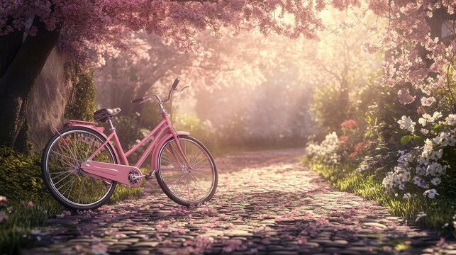 A pink bike parked next to a cobblestone path, surrounded by blooming spring flowers and soft sunlight.