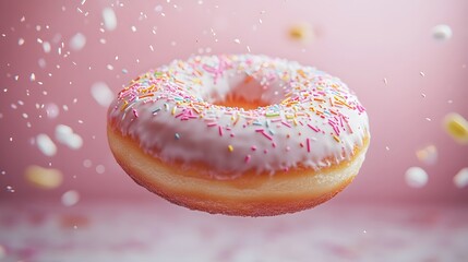 Floating donut adorned with colorful sprinkles against a pastel pink background, featuring sparkles and confetti for a dreamy atmosphere, ideal for food photography with a soft focus effect.