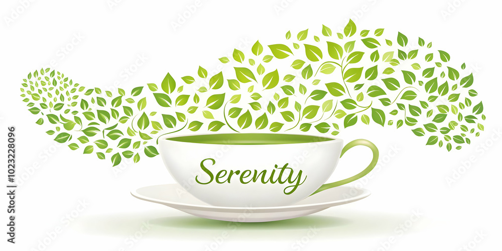 Poster serenity: flat floating teacup with tea leaves creating a calming wave - tranquil vector illustratio