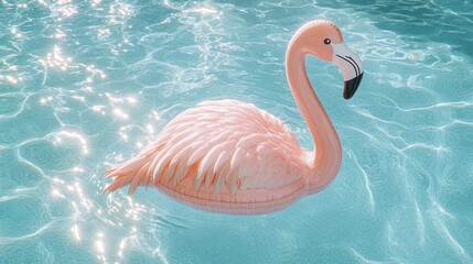 Fototapeta premium A pink flamingo pool float drifting on clear blue water, creating a fun and playful summertime vibe.