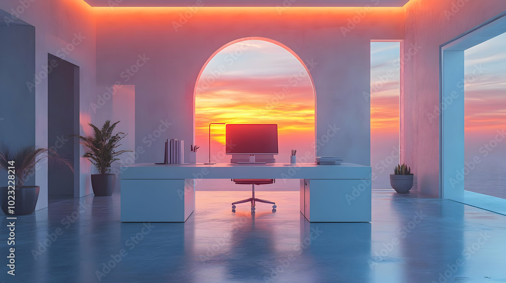 Poster 3d icon glossy home office setup with abstract digital art - modern workspace design with sleek elem