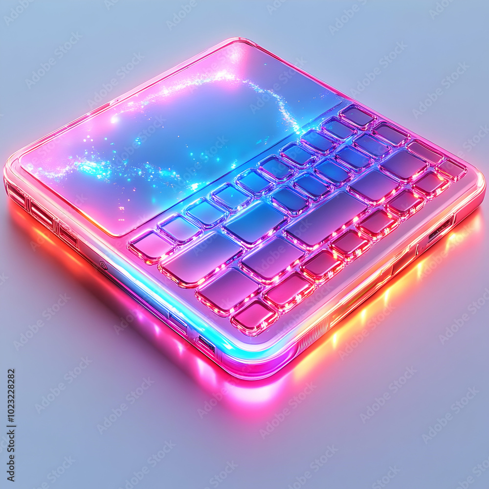 Poster smart notebook with holographic pages - glowing digital note-taking concept for remote work on white