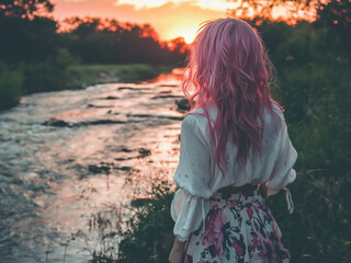 A lonely girl with pink hair staring at the setting sun