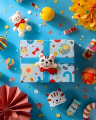 Colorful Gift Box with Playful Cartoon Characters for Child s Birthday