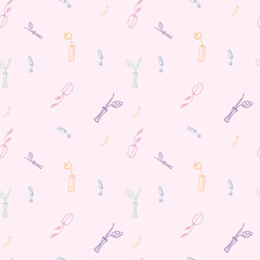 Vector seamless pattern with colorful flowers in vases. Minimalist, elegant seamless pattern. For wrap, textile, postcards, print. Background with cute hand drawn elements. Interior, home decor.