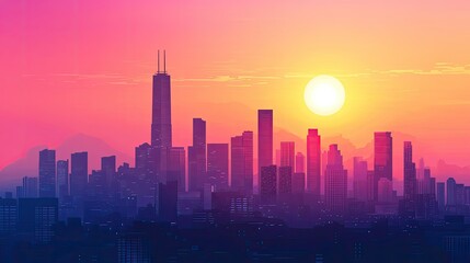 Fototapeta premium A pink sunset casting long shadows on a cityscape, with skyscrapers silhouetted against the colorful sky.