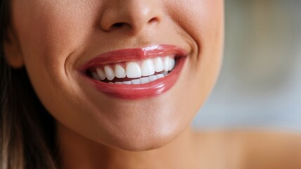Obraz premium Close-up of a woman's smiling face with shiny lips and healthy teeth.