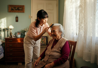 Caregiver is brushing the hair of an elderly woman sitting at home
