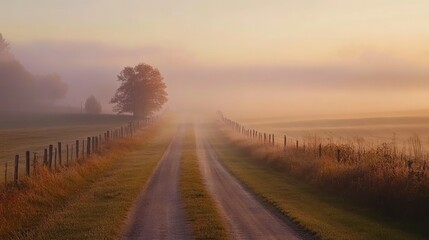A quiet countryside road disappearing into a foggy horizon, with soft light filtering through the mist.