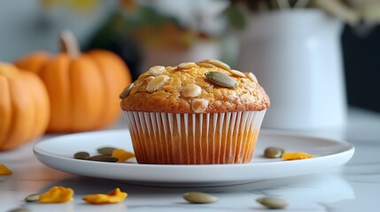 Freshly baked pumpkin muffin placed on a white plate against a marble countertop, scattered pumpkin seeds enhance the rustic food photography with natural lighting for a warm, inviting feel.