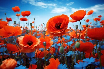 Obraz premium Vibrant and expansive field of garden under a bright blue petal outdoors blossom.