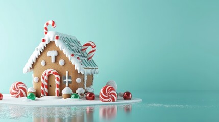 Gingerbread house and candy decorations flat design side view cozy home theme 3D render 