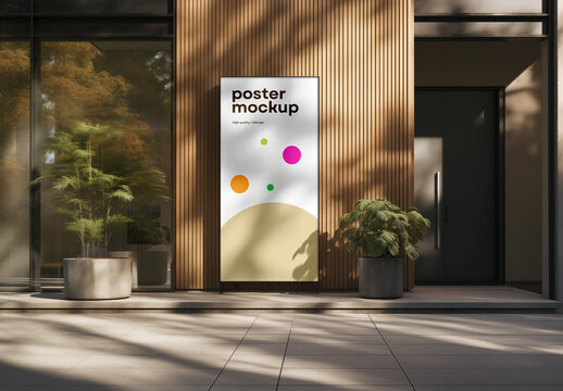 Outdoor Vertical Poster Mockup &ndash; Framed Display in Daylight with Natural Wooden Wall for Product Branding, Promotions, or Event Advertising