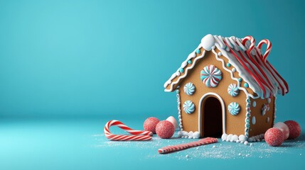 Gingerbread house and candy decorations flat design side view cozy home theme 3D render 