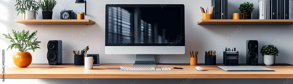 Poster efficient home office setup: vector image of isolated monitor and desk organizer on white background