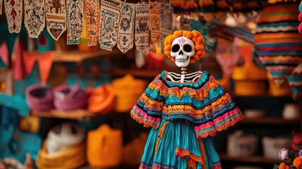 Fototapeta premium Colorful skeleton doll adorned in traditional attire, surrounded by vibrant crafts and decorations in a lively market setting.