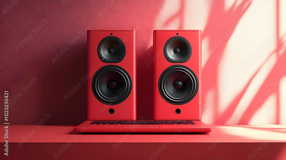 Poster 3d vector icon of desktop speaker and notebook isolated on white background - perfect representation