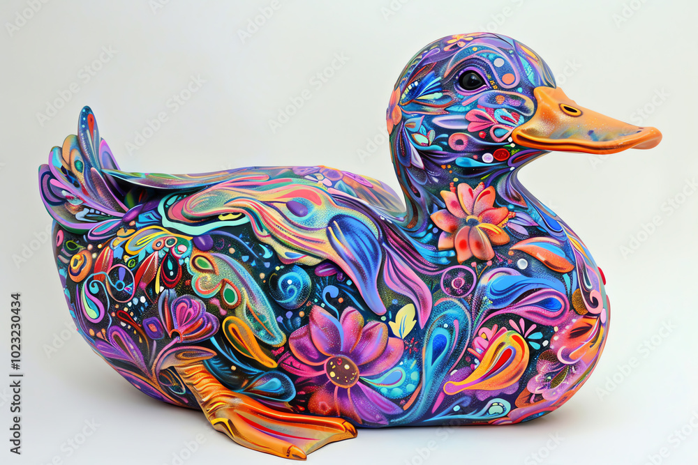Poster craft a side view fantasy duck with iridescent feathers and intricate floral patterns in vibrant acr