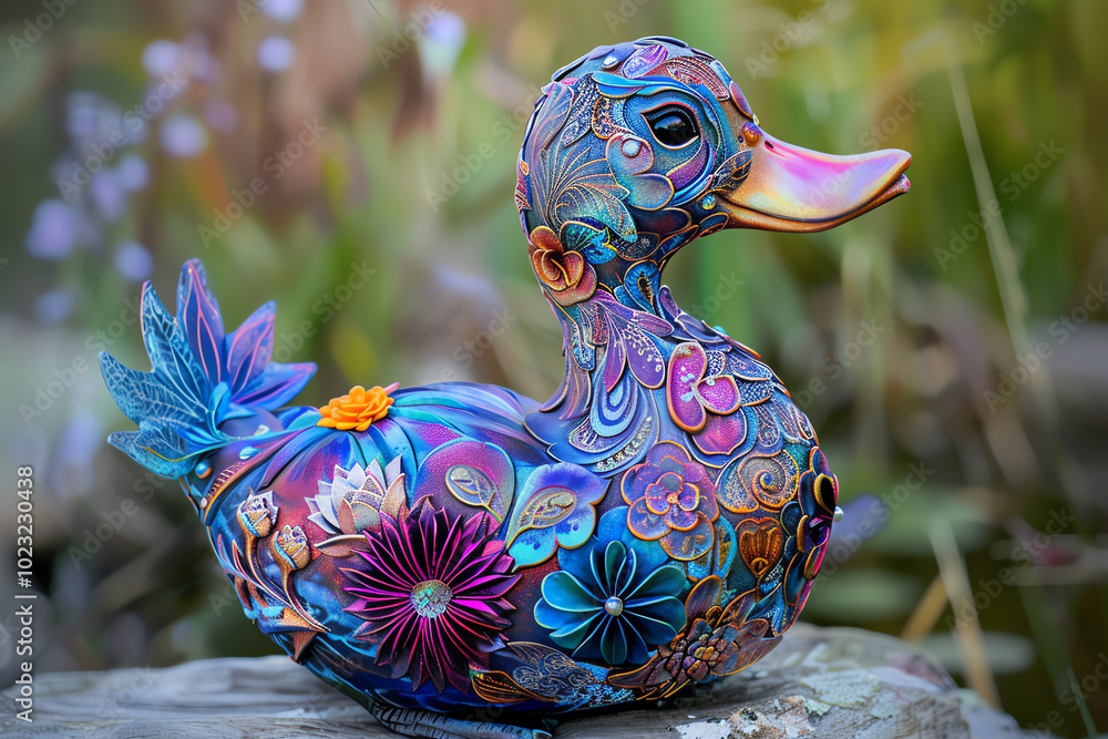 Aufkleber craft a side view fantasy duck with iridescent feathers and intricate floral patterns in vibrant acr