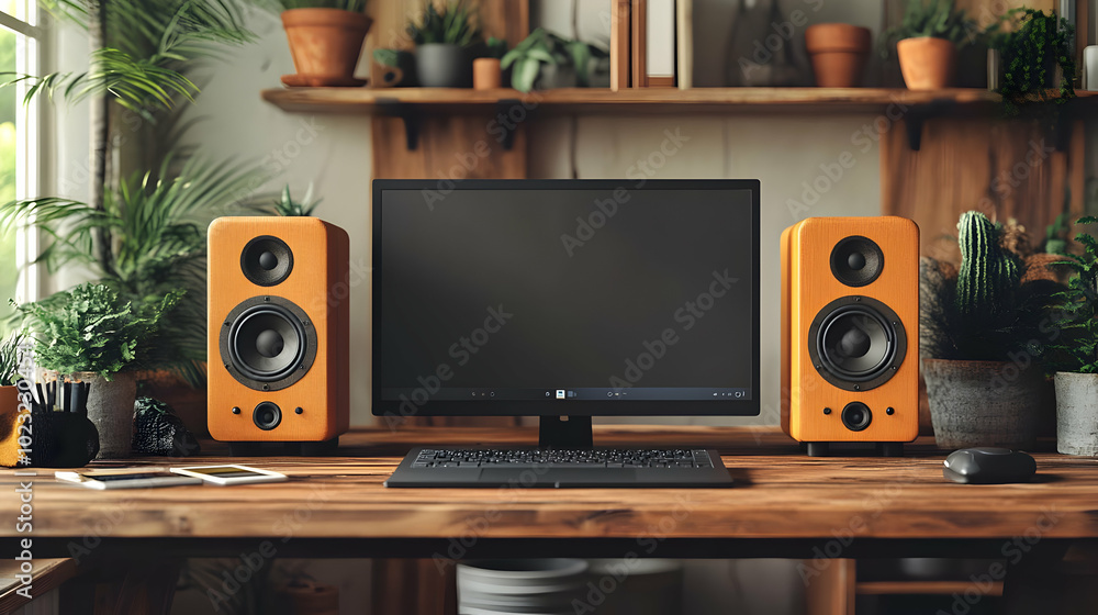 Poster 3d vector image of isolated desktop speaker and notebook on white background - ideal for showcasing 