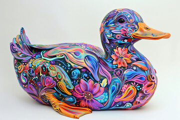 Craft a side view fantasy duck with iridescent feathers and intricate floral patterns in vibrant acrylic colors for a magical, whimsical feel
